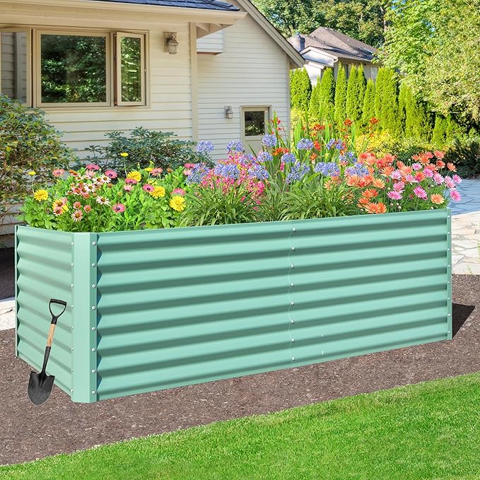 Domi Raised Garden Beds Outdoor, 8x4x2ft Thickening Tall Metal Rectangular Deep Root Box Planter for Vegetables, Flowers, Herbs, and Succulents 2" Deep w/ 456 Gallon Capacity - Green
