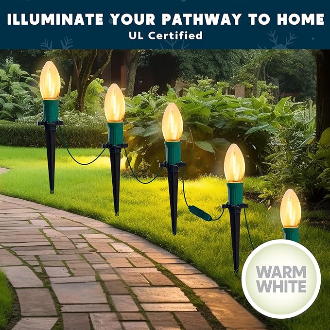 Joiedomi 30.75FT C9 Christmas Pathway Stake Lights 24 LED Jumbo Bulbs, Warm White Outdoor Walkway Decor with Green Wire Connectable for Holiday Commercial Xmas Yard Garden Lawn