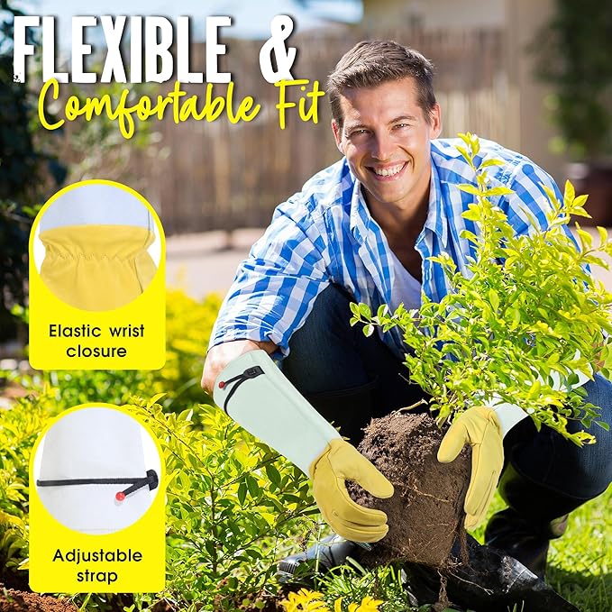 HANDLANDY Rose Gloves for Men & Women, Long Leather Gardening Gloves Thorn Proof, Best Garden Gifts & Tools for Gardener (Yellow-beige, X-Large (Pack of 1))