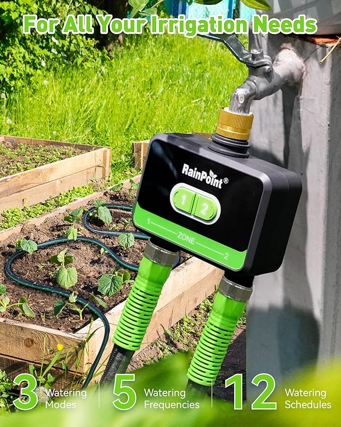 RainPoint WiFi Water Timer for Garden Hose with Brass Inlet, 2-Zone Smart Hose Timer, WiFi Irrigation Controller, Automatic Sprinkler Watering System for Lawns and Yard