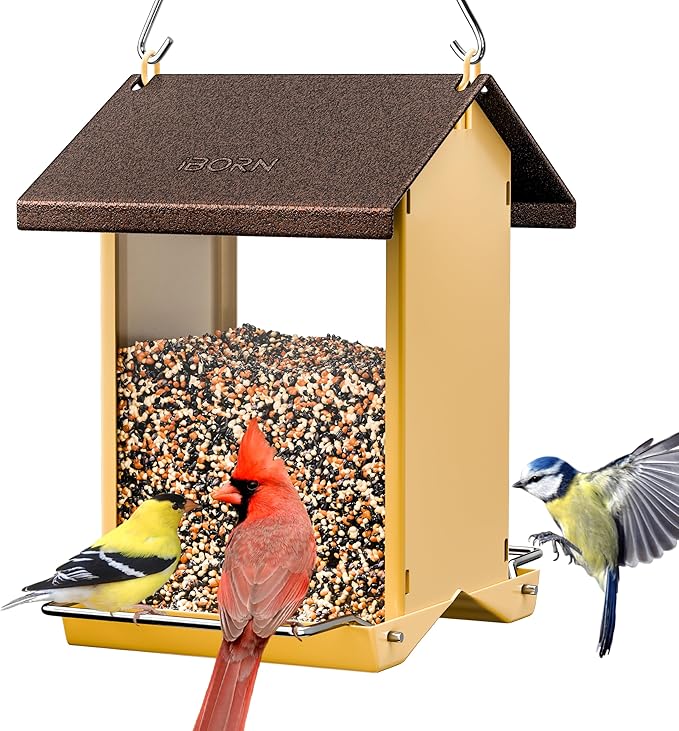 iBorn Bird Feeders for Outdoors,Bird House Feeder with Weatherproof Metal Roof & 8 Drain Holes,Fully Detachable Birdfeeder Design,Easy Clean & Refill,Chew-Proof PC Windows,1.5 Lbs Capacity,Coffee Roof