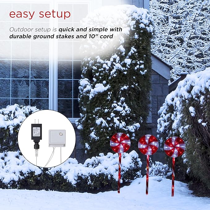 Alpine Corporation 28" H Outdoor Candy Cane Yard Stakes with Red and White LED Lights (Set of 3), Christmas Decoration