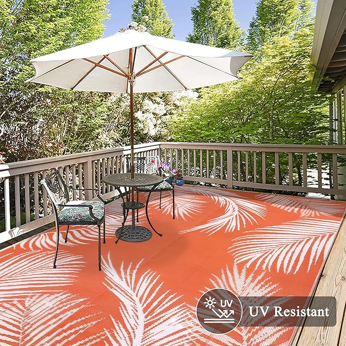 Pauwer Waterproof Outdoor Rug 6x9, Reversible Plastic Straw Patio Camping Rug, Indoor Outdoor RV Mat Carpet for Deck, Camper, Porch, Balcony, Backyard, Picnic, Leaf Orange