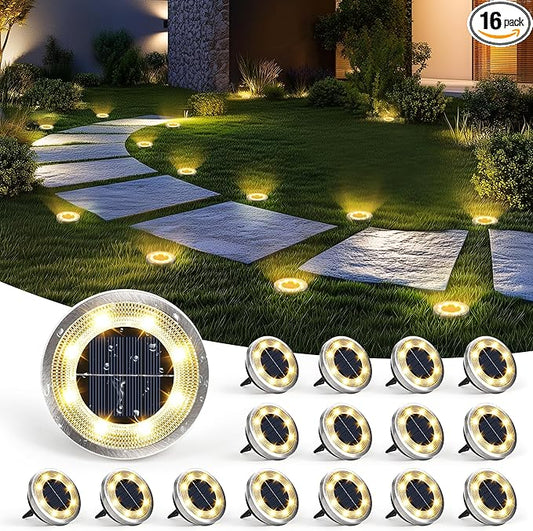 SOLPEX 16 Pack Solar Ground Lights Outdoor Waterproof, Solar Powered Pathway Lights, Landscape Lighting for Garden Walkway Driveway Backyard Decor (Warm White)
