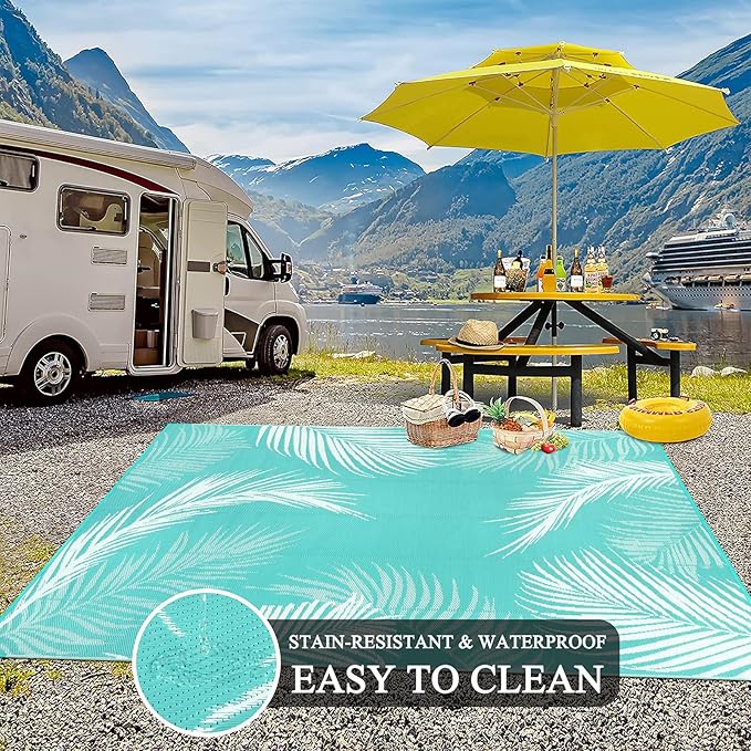 Pauwer Waterproof Outdoor Rug 8x10, Reversible Plastic Straw Patio Camping Rug, Indoor Outdoor RV Mat Carpet for Deck, Camper, Porch, Balcony, Backyard, Picnic, Leaf Light Blue