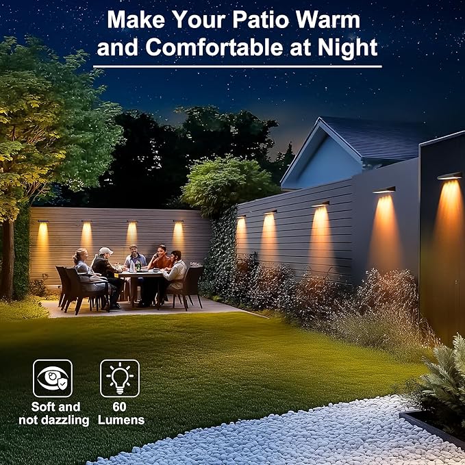 Solar Fence Lights Outdoor Waterproof IP65, 6 Pack Fence Lights Solar Powered 60 Lumens Auto On/Off Step Wall Lights Outside Decorations for Yard, Porch, Patio, Stairs, Pool, Deck, Garden- Warm Light