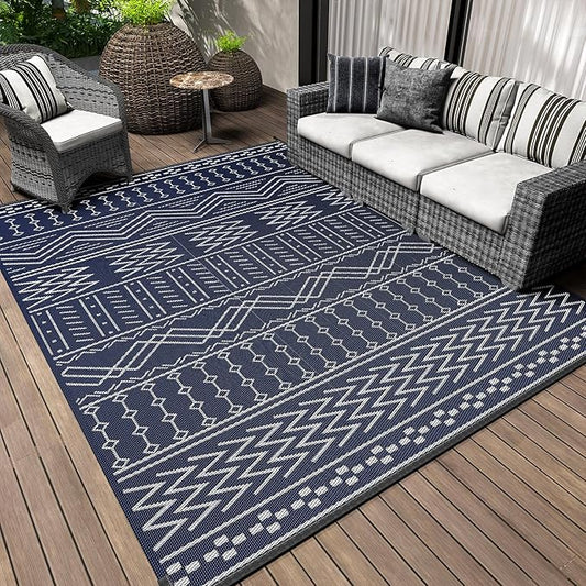 Outdoor Rug Carpet Waterproof 8x10 ft Patio Rug Mat Indoor Outdoor Area Rug for RV Camping Picnic Reversible Lightweight Plastic Straw Outside Rug for Patio Decor Decoration Boho Rug Navy Blue White