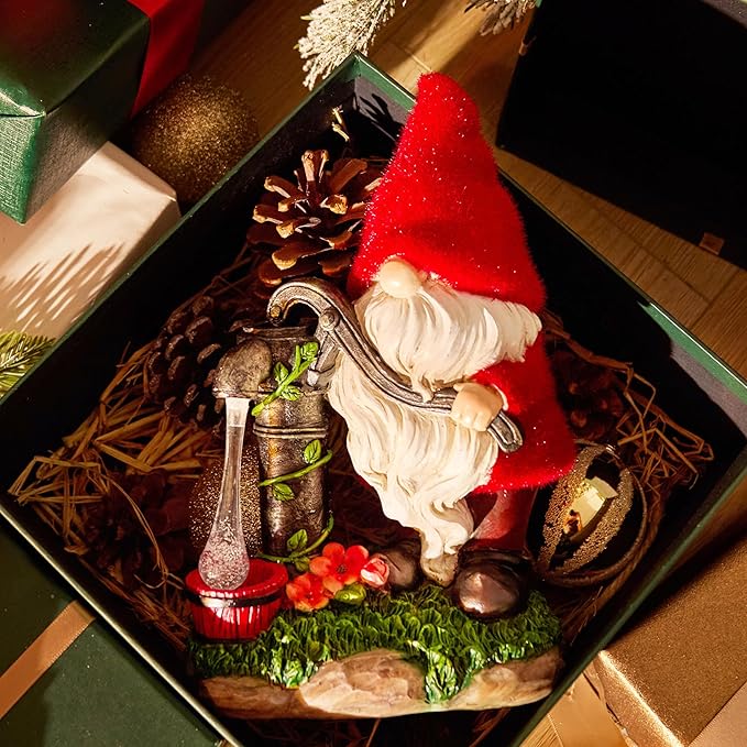 TERESA'S COLLECTIONS Resin Garden Gnomes Decor with Solar Lights, Red Outdoor Decorations for Porch Patio, Gifts for Women and Men，Outdoor Garden Decor Ornaments for Outside, 9"