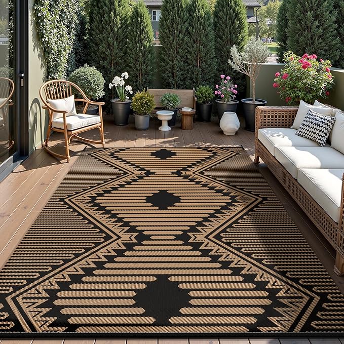 MontVoo Outdoor Rug-Waterproof Camping Rug Patio Rug Mat 6x9 Reversible Plastic Straw Outside Outdoor Rug for RV Camping Picnic Balcony Backyard Pool Deck Porch Modern Boho Black Brown