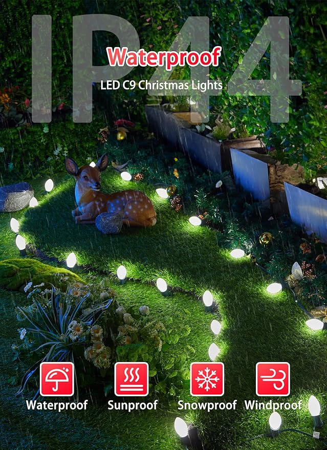 Vintage C9 LED Christmas Lights Outdoor, 50 Feet C9 String Lights with 50 Shatterproof Matte Bulbs, Connectable Waterproof Lights for Holiday Party Roofline Backyard Garden Patio, Pure White