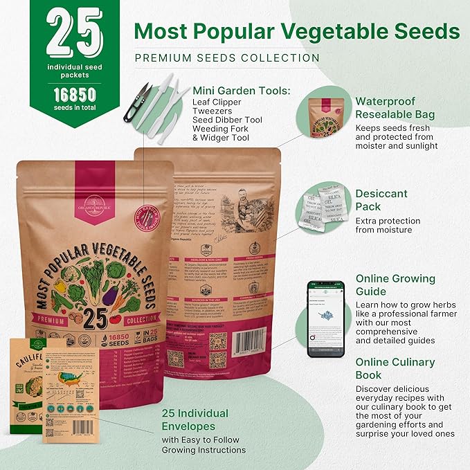 Organo Republic 25 Vegetable Seeds Variety Pack - 16,850+ Non-GMO Heirloom Seeds for Planting Vegetables & Fruits in Individual Seed Packets, Home Garden Seeds for Hydroponic, Indoor & Outdoor Garden