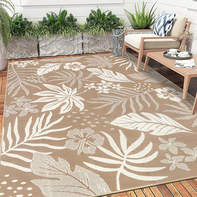 Pauwer Waterproof Outdoor Rug 8x10, Reversible Plastic Straw Patio Camping Rug, Indoor Outdoor RV Mat Carpet for Deck, Camper, Porch, Balcony, Backyard, Picnic, Floral Brown
