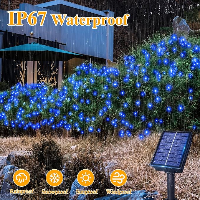 Ollny Solar String Lights for Outside, 2 Pack Total 132FT 400LED Solar Christmas Lights Outdoor, IP67 Waterproof 8 Modes String Lights for Tree Yard Garden Patio Party, Blue