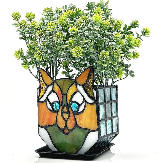 Cat Flower Pots for Indoor Plants,Stained Glass Cat Plant Displays,Cat Succulent Planter,Candle Holder Container Decoration,4.6x5.15x2.3 in (Without Succulents)