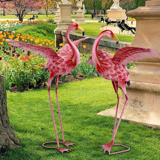 Natelf Pink Flamingo Yard Decorations, Tall Birds Garden Statues and Sculptures, Metal Lawn Art Ornaments for Outdoor Patio Backyard, Set of 2