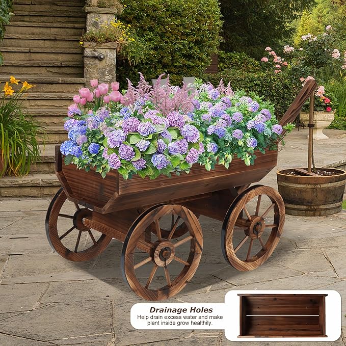 Garden Wooden Decor Rustic Flower Pot,Planters Wagon Indoor Outdoor Backyard Balcony Decor,for Outside Garden Decor Wheelbarrow Planter for Patio (Wooden Wagon with Light)
