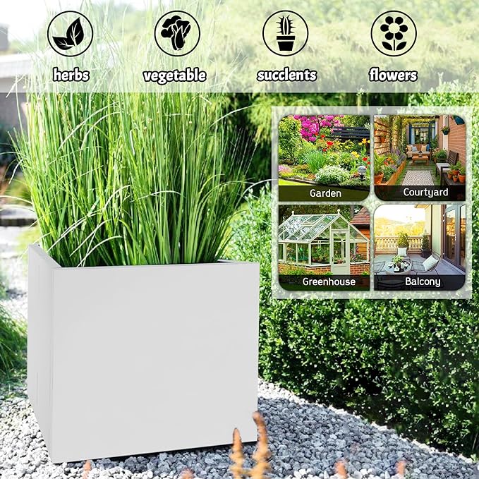Galvanized Steel Rectangular Planter, 16"x 12"x 12" Small Planters for Outdoor Plants, White Outdoor Planter with Drainage Holes