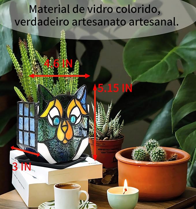Cat Stained Glass Pot,Cat Flower Pots for Indoor Plants,Cat Plant Decor,Fun Plant Pots Gift 4.6x3x5.15 in(Excluding Plants)