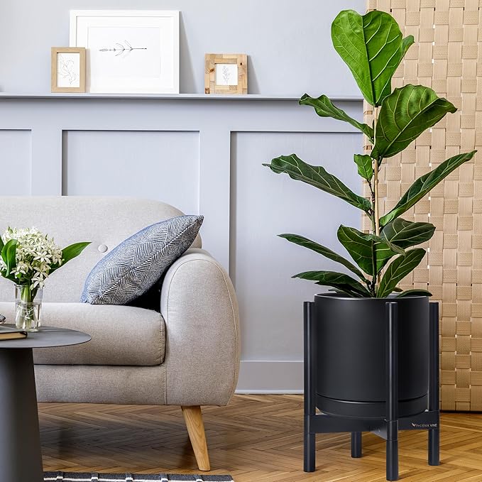 D'vine Dev Ceramic Planter with Ebony Stand - 12 Inch Modern Round Flower Pot with Wood Planter Holder, Black, 55-B-H-2