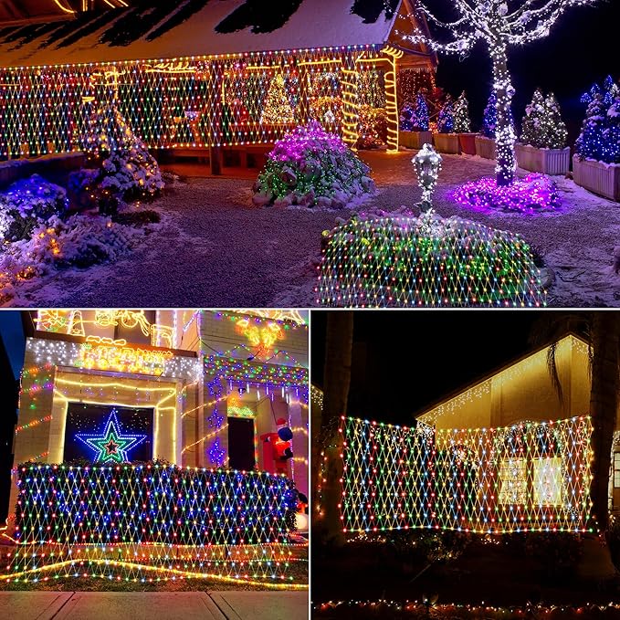 12ft x 5ft 360 LED Christmas Net Lights, 11 Modes 30V Christmas Net Lights, Warm White-Multi Color Changing Mesh Decorative Net Lights for Xmas Tree Bush Wedding Garden Outdoor Indoor Decor