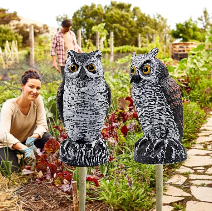 Hausse 2 Pack Fake Horned Owl Bird Scarecrow Decoy, Plastic Deterrents, Halloween Decoration, Nature Enemy Pest Repellent for Outdoor Garden Yard