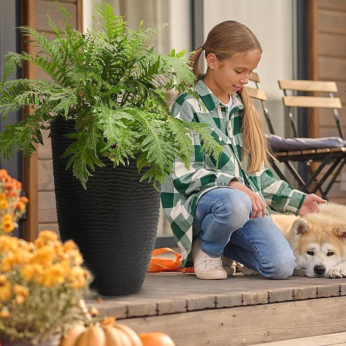 WORTH Garden 2-Pack 21" H. Black Tall Planters with Inside Pots - 14'' Dia Plastic Large Round Plant Tree Pots - Decorative Imitation Stone Finish for Indoor Outdoor Front Porch Container Patio