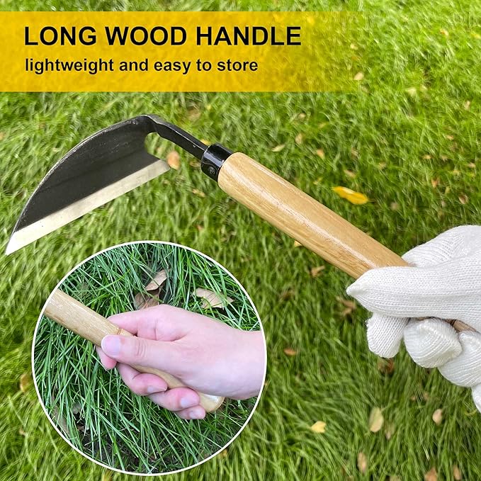 Japanese Weeding Sickle, Wide Blade Gardening Tools - Premium Quality Hand Hoes/Weeding Sickle Have Very Sharp Edge for Quick Work (Long Handle)
