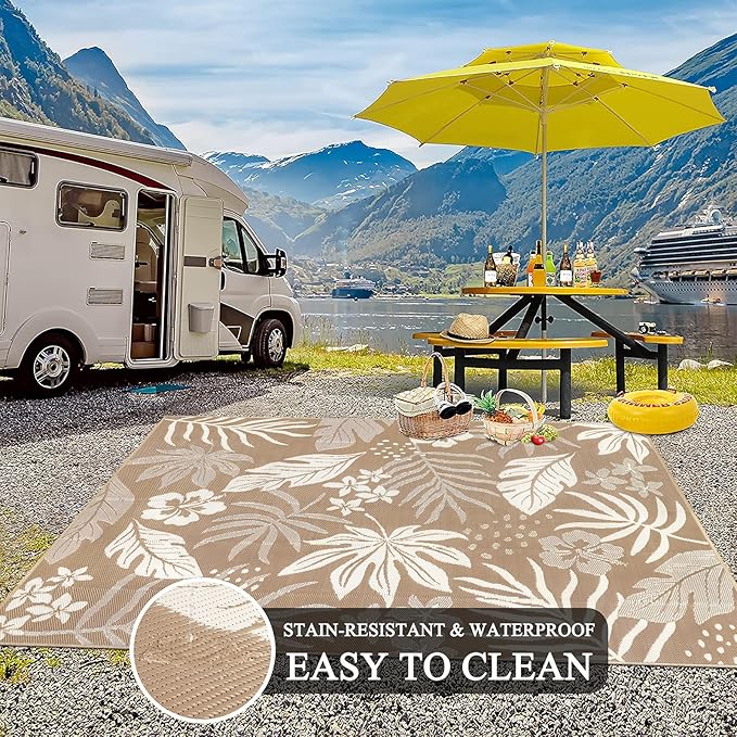 Pauwer Waterproof Outdoor Rug 8x10, Reversible Plastic Straw Patio Camping Rug, Indoor Outdoor RV Mat Carpet for Deck, Camper, Porch, Balcony, Backyard, Picnic, Floral Brown