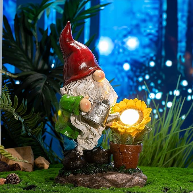 TERESA'S COLLECTIONS Sunflower Garden Gnomes Decorations for Yard with Solar Lights, Cute Resin Garden Sculptures & Statues for Outdoor Patio Lawn Ornaments,Ideal Gifts for Mom Women and Man, 11.4"