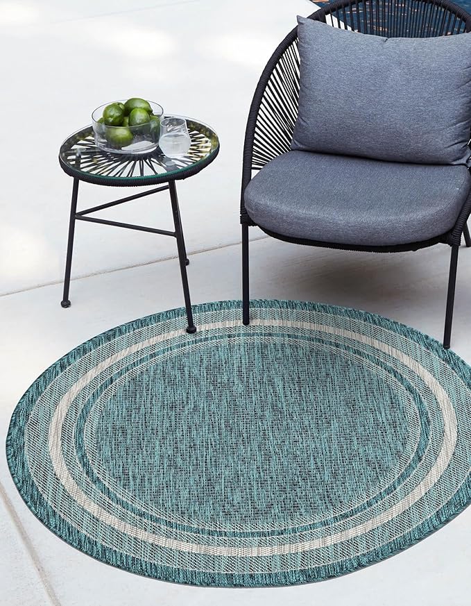 Unique Loom Outdoor Border Collection Area Rug - Soft Border (4' Round Teal/Ivory)
