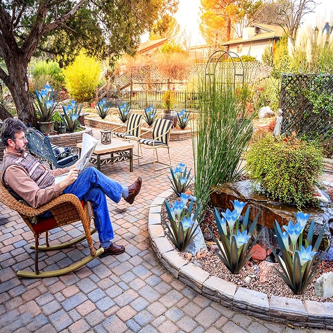 Homight Metal Agave Plant Outdoor Decoration Outdoor Garden Decoration Lily Mexican Yard Art Plant Garden Agave Lily Decorative Garden Gift… (3 Big Blue Lilies) (HM-390-345)