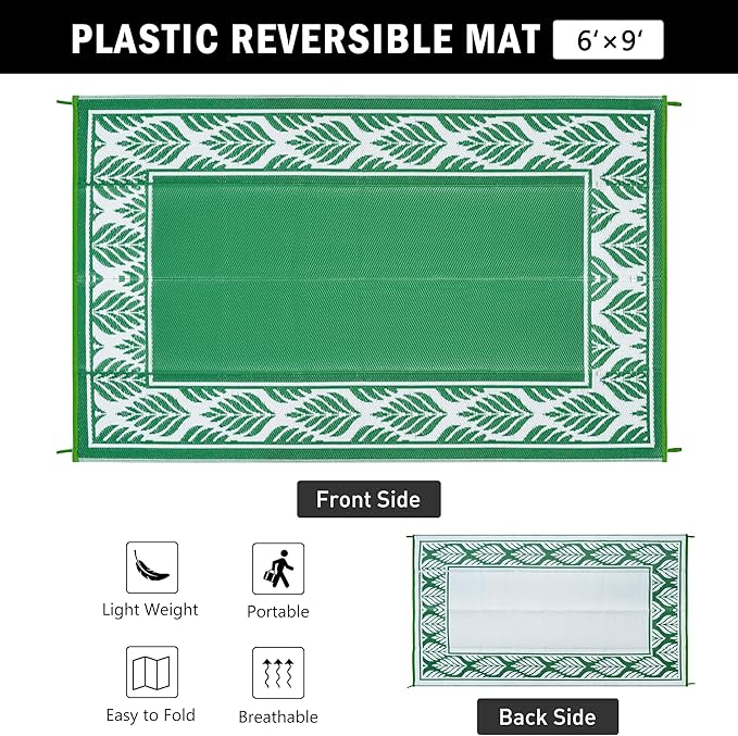 Outdoor Plastic Rug 6'x9' Waterproof Camping Carpet Outside Area Rug Reversible Green Rugs for RV Deck Entryance Porch Picnic Balcony Beach