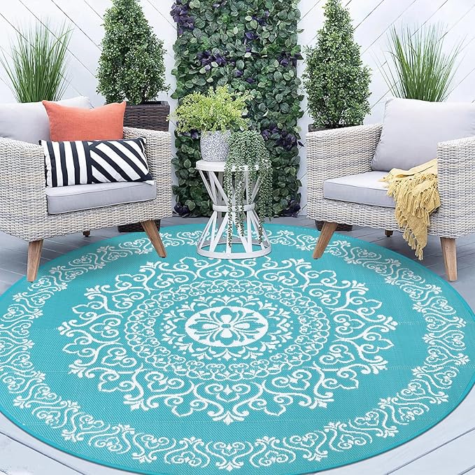 Pauwer Waterproof Outdoor Rug 8ft, Reversible Plastic Straw Patio Camping Rug, Indoor Outdoor RV Mat Carpet for Deck, Camper, Porch, Balcony, Backyard, Picnic, Floral Teal