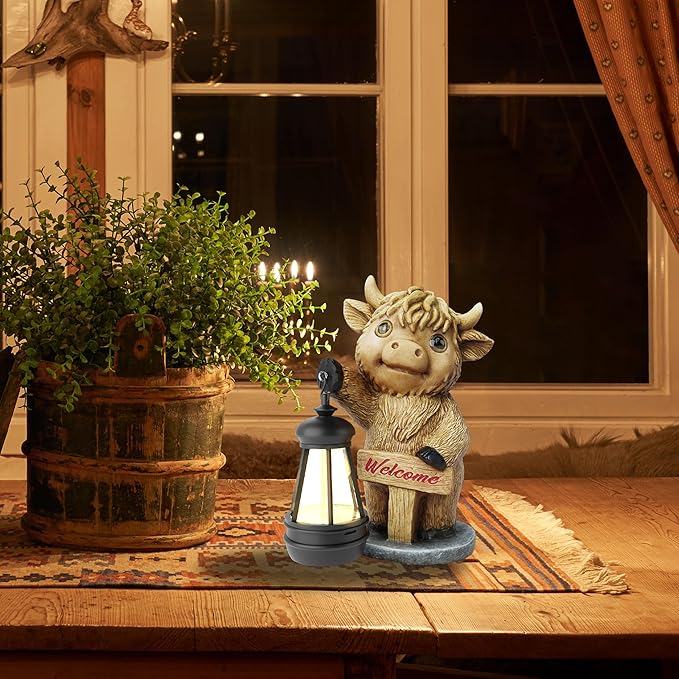 Highland Cow Statues with Solar Lights, Highland Cow Resin Figurine Lights, Highland Cow Ornaments for Patio, Balcony, Indoor Decoration and as Gifts