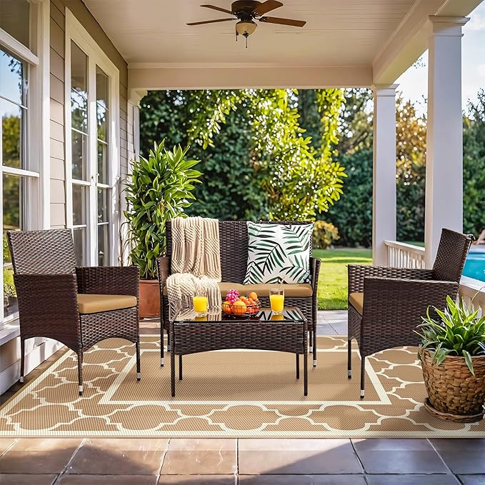 GENIMO 9' x 12' Outdoor Rug for Patio Clearance, Waterproof Indoor Outdoor Plastic Straw Rugs Carpet, Reversible Outside Area Rv Mat for Camping, Balcony Porch, Deck, Picnic, Beach (Brown & Beige)