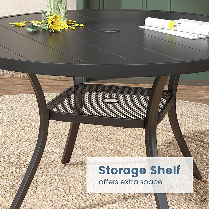 DIFY Outdoor Dining Table for 4, Round Patio Table with Umbrella Hole for Garden, Backyard and Porch (Black)