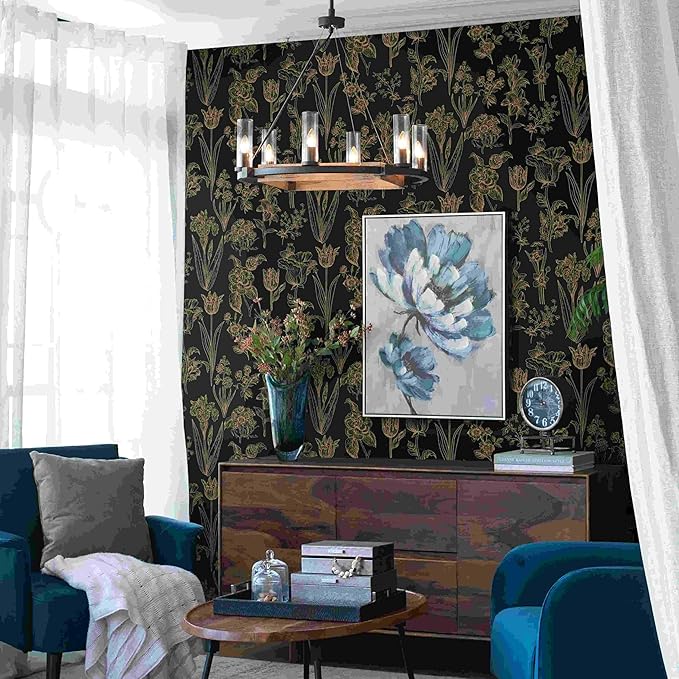 Dimoon 393"x17.3" Floral Wallpaper Peel and Stick Flowers Golden Black Contact Paper Thicken Waterproof Modern Self Adhesive Plants Wallpaper Removable Wall Paper Shelf Vinyl Roll