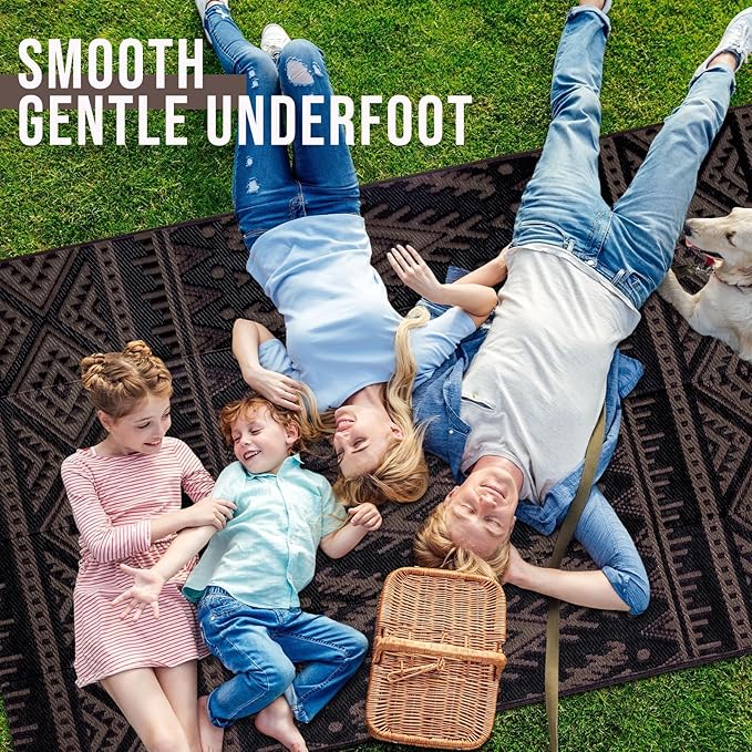 OLANLY Outdoor Rug Waterproof 4x6 ft, Reversible Outdoor Plastic Straw Rug, Boho Patio Rug, Indoor Outdoor Carpet, RV Mat Outside for Patio, Camp, Picnic, Balcony, Deck, Backyard, Black & Brown