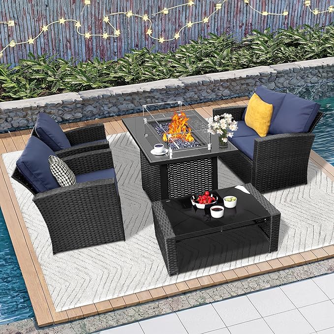 5 Piece Patio Furniture Set with 43" Propane Fire Pit Table, Outdoor Wicker Conversation Set, Rattan Modern Sectional Sofa Couch with Coffee Table for Backyard Porch Garden Poolside, Black-Blue