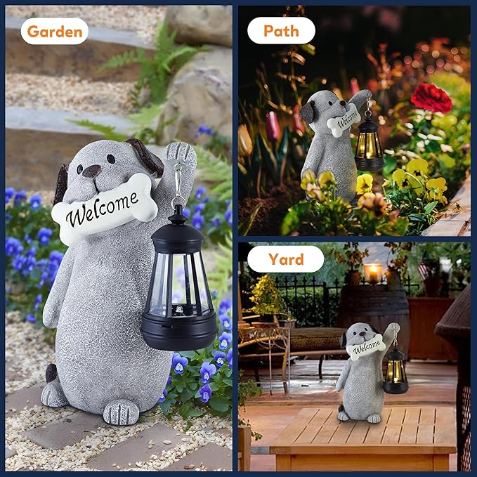Solar Dog Statues for Garden Decor - Outdoor Dog Figurines with Solar Lantern for Yard Patio Lawn Balcony Ornaments - Garden Gifts for Mothers Day, Grandma, Easter