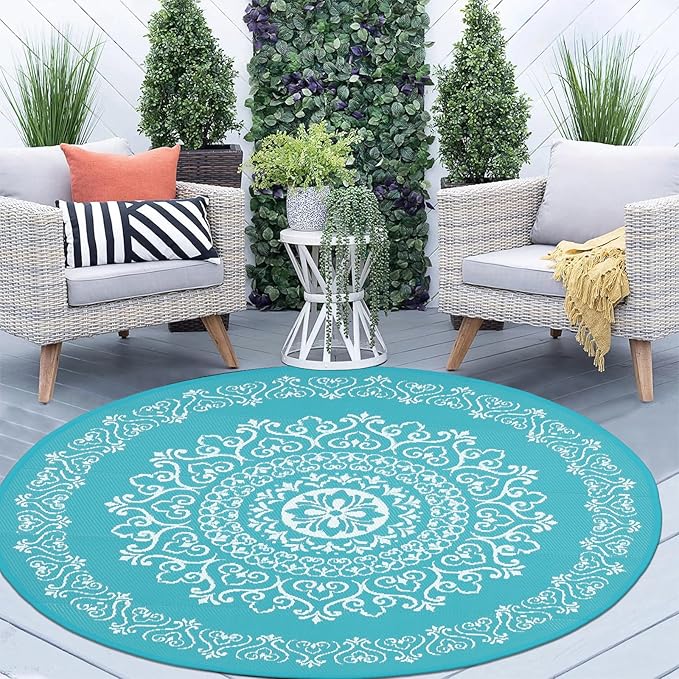 Pauwer Waterproof Outdoor Rug 6ft, Reversible Plastic Straw Patio Camping Rug, Indoor Outdoor RV Mat Carpet for Deck, Camper, Porch, Balcony, Backyard, Picnic, Floral Teal