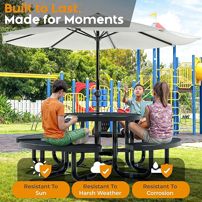 Metal Picnic Tables for Kids for Outdoors with Umbrella Hole - Coated Steel Heavy Duty Commercial Grade Table with Adjustable Seats (Black, 38 in, Kids, Expanded Steel)