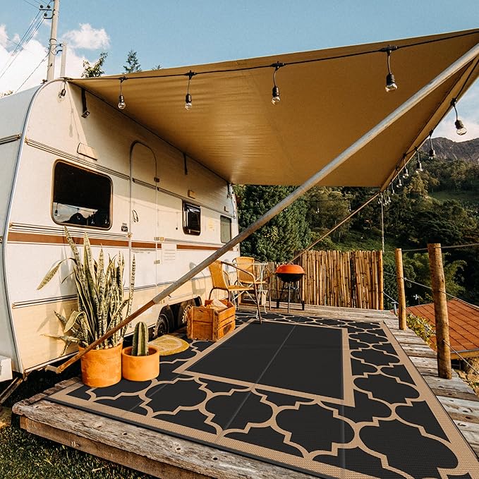 GENIMO 10 ' x 14 ' Outdoor Rug Waterproof for Patio Decor, Foldable Reversible Plastic Straw Area Rugs Mat for Camper, Outside Carpet for Rv, Deck, Porch, Picnic, Beach, Balcony, Black & Brown