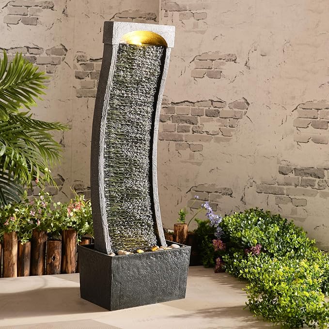 Teamson Home 38.58 in. Modern Curved Faux Slate Waterfall Fountain for Indoors or Outdoors with LED Light Accents and 1.98-Gallon Pump, Black and Stone Gray