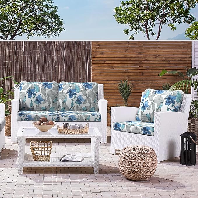 LVTXIII Outdoor Seat and Back Cushion Patio Deep Seat Cushion Set Seasonal Chair Cushion for Wicker Chairs and Garden Furniture Decoration, 24"x24"x4", Clemens Noir Blue