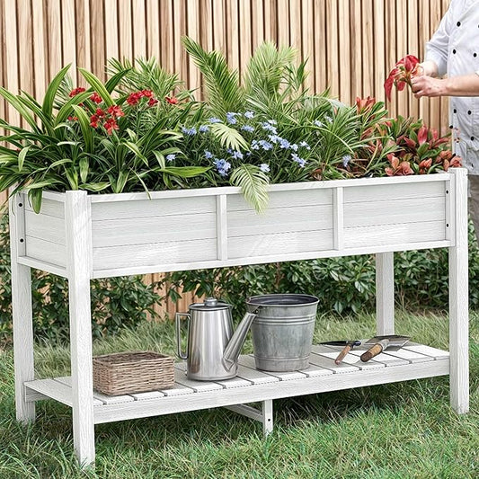 YITAHOME Raised Garden Bed, 47x18x31 Inch HIPS Poly-Wood Weather-Resistant Elevated Planter Box with Storage Shelf for Vegetable Flower, White
