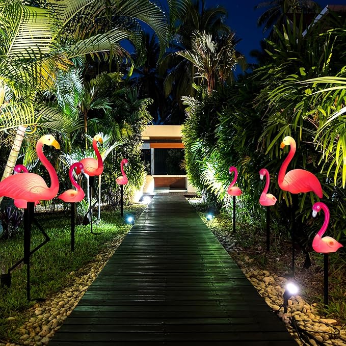 9 Pcs Flamingo Solar Lights LED Flamingo Stake Lights Waterproof Flamingo Lights for Outdoor Pink Yard Lawn Garden Ornaments Patio Pond Ground Backyard Decor Pathway Outside Decorations