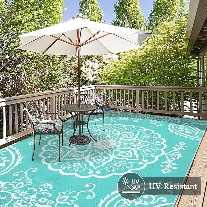 Pauwer Waterproof Outdoor Rug 8x10, Reversible Plastic Straw Patio Camping Rug, Indoor Outdoor RV Mat Carpet for Deck, Camper, Porch, Balcony, Backyard, Picnic, Boho Light Blue