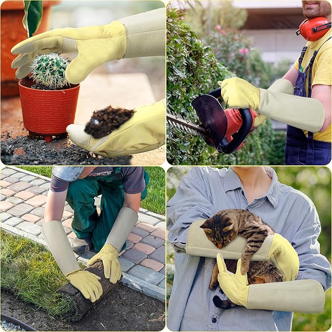 HANDLANDY Rose Pruning Gardening Gloves for Men Women, Thorn Proof Forearm Protection Leather Garden Gloves, Gardening Gifts for Gardeners (Beige- Goatskin, X-Large (Pack of 1))