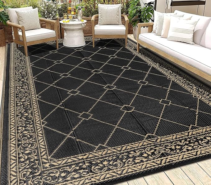 HEBE Outdoor Rug Waterproof 6x9, Reversible Plastic Straw Rug RV Camping Rug, Indoor Outdoor Patio Mat Clearance, Outside Carpet for Porch,Deck,Camper,Balcony,Backyard,Picnic